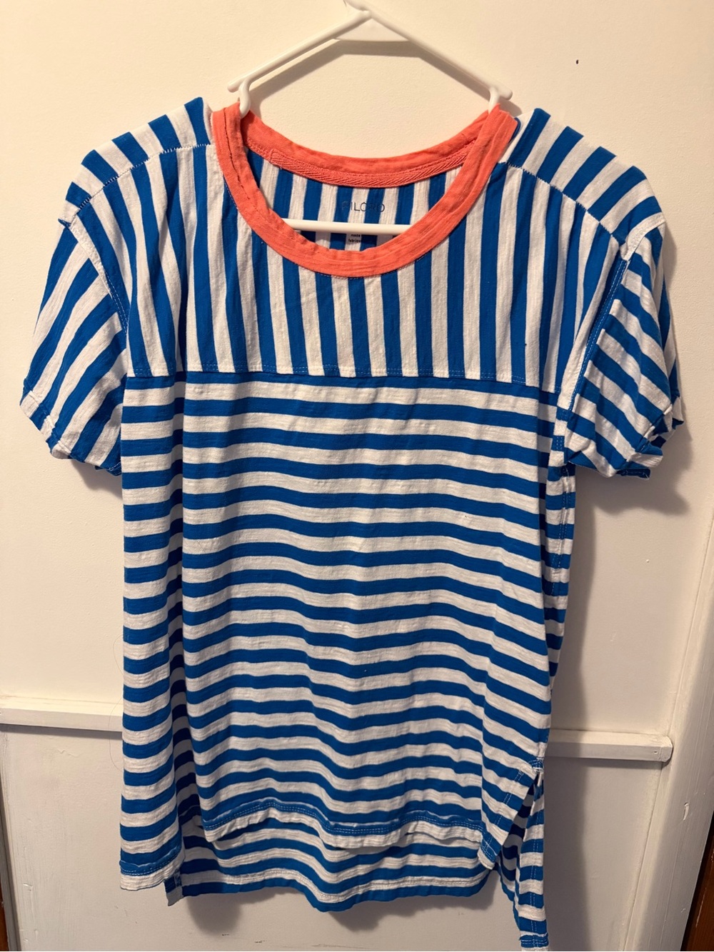 Blue & White Striped women’s  Tee with Coral Neck Trim